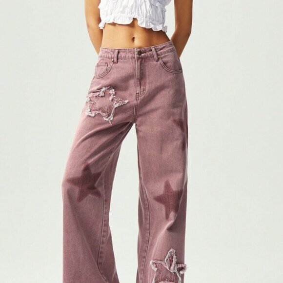 Red Casual Women's Boho Woven Five-Pointed Star Pattern Washed Wide Leg Pants - Picture 1 of 7